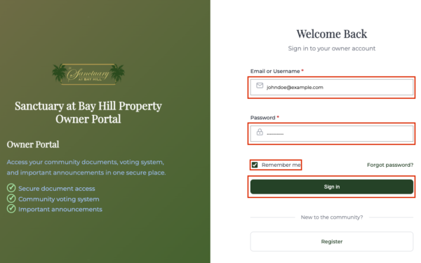 Screenshot of the login screen