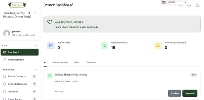 Screenshot of the property owner portal dashboard