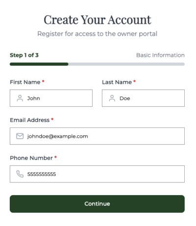 Screenshot showing step 1 of the registration