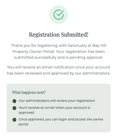 Screenshot showing registration submitted message