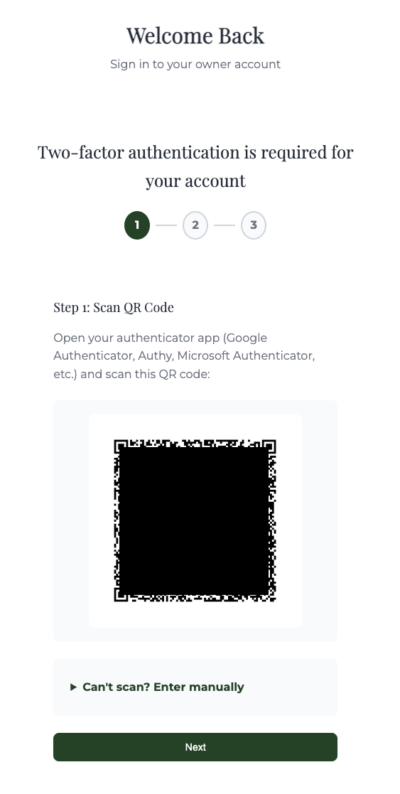 Screenshot showing two-factor authentication step 1